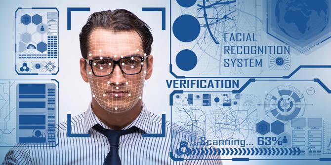 Illustration of facial recognition: a face overlaid with a mesh of measured landmark points and a match score.