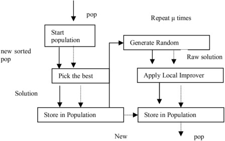 Flow diagram of a memetic algorithm: initialization, selection, crossover, mutation, then a local search step before the next generation.