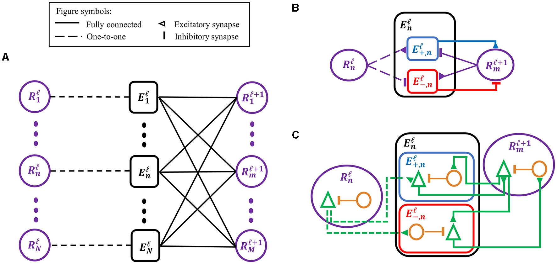 Diagram of a predictive coding hierarchy: each cortical area contains representation units that send predictions down to the area below, and error units that compare those predictions against incoming signals and send the mismatch back up.