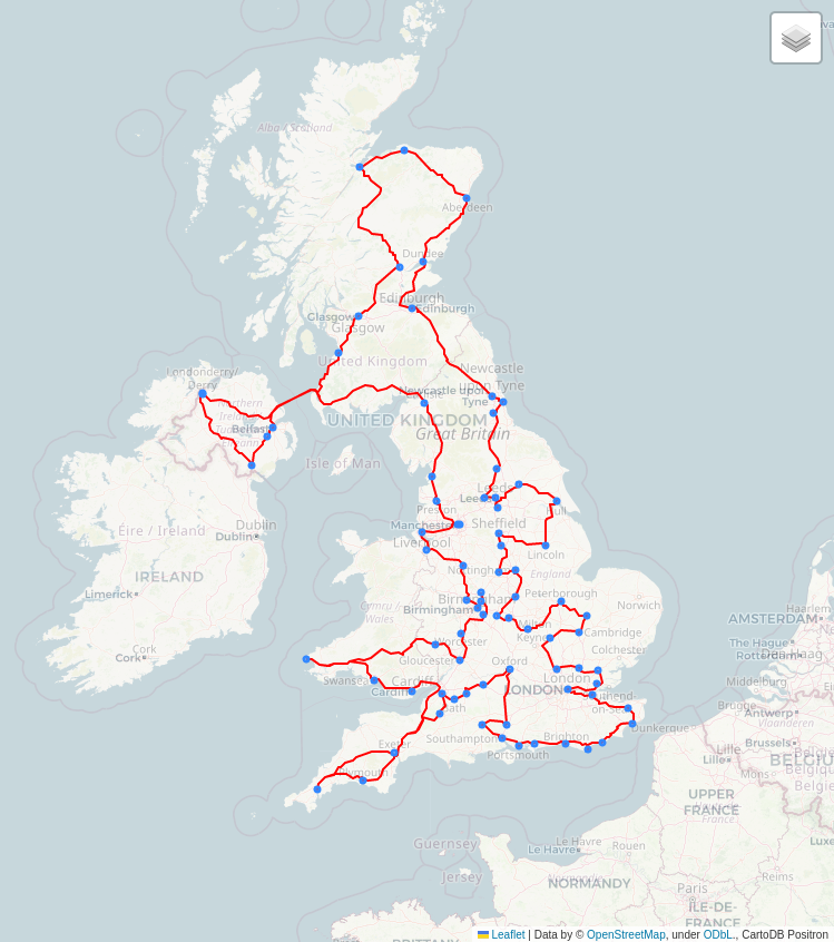 Optimal TSP route connecting cities on a map